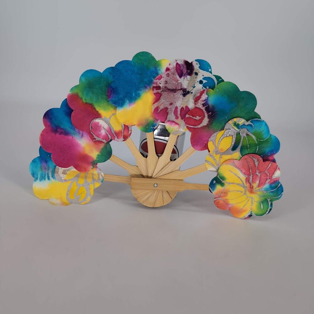 Colorful Handmade Watercolor Hibiscus Flower Paper & Wood Die Cut Hand Fan - New